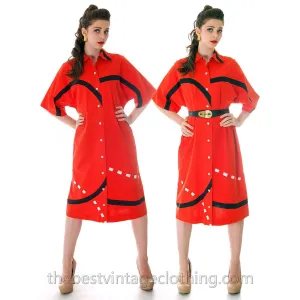 Vintage Marimekko Shirt Dress Bold  Print 1976 Orange & Black Cotton Sz Pentti Rinta