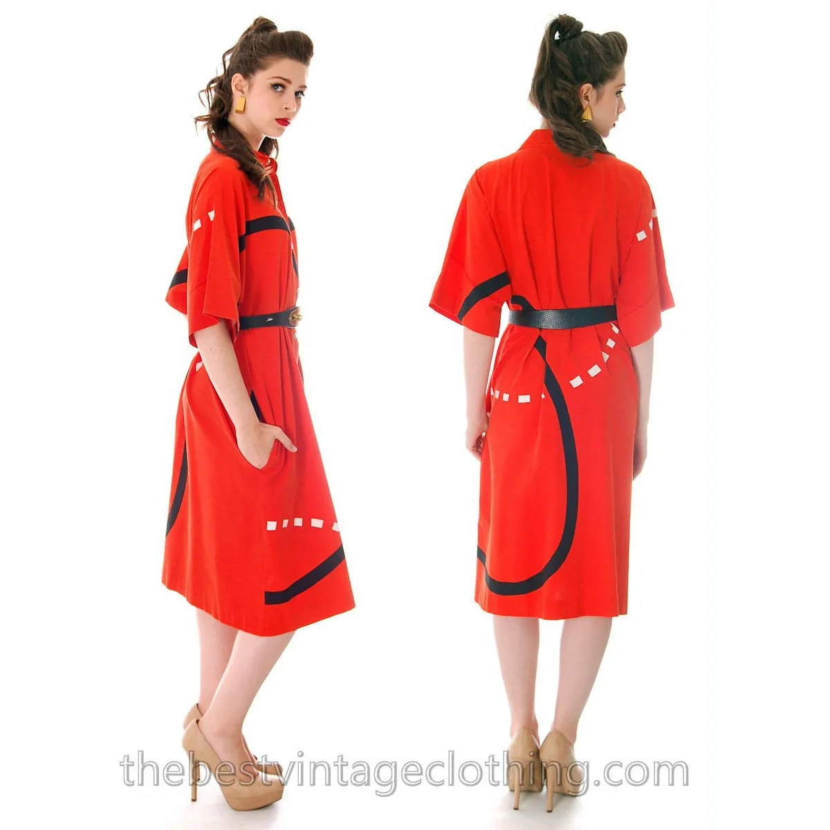 Vintage Marimekko Shirt Dress Bold  Print 1976 Orange & Black Cotton Sz Pentti Rinta