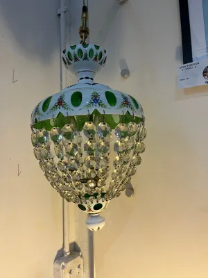 Vintage Moser White Hand Painted “Cut to Green” Glass Chandelier Original Crystals