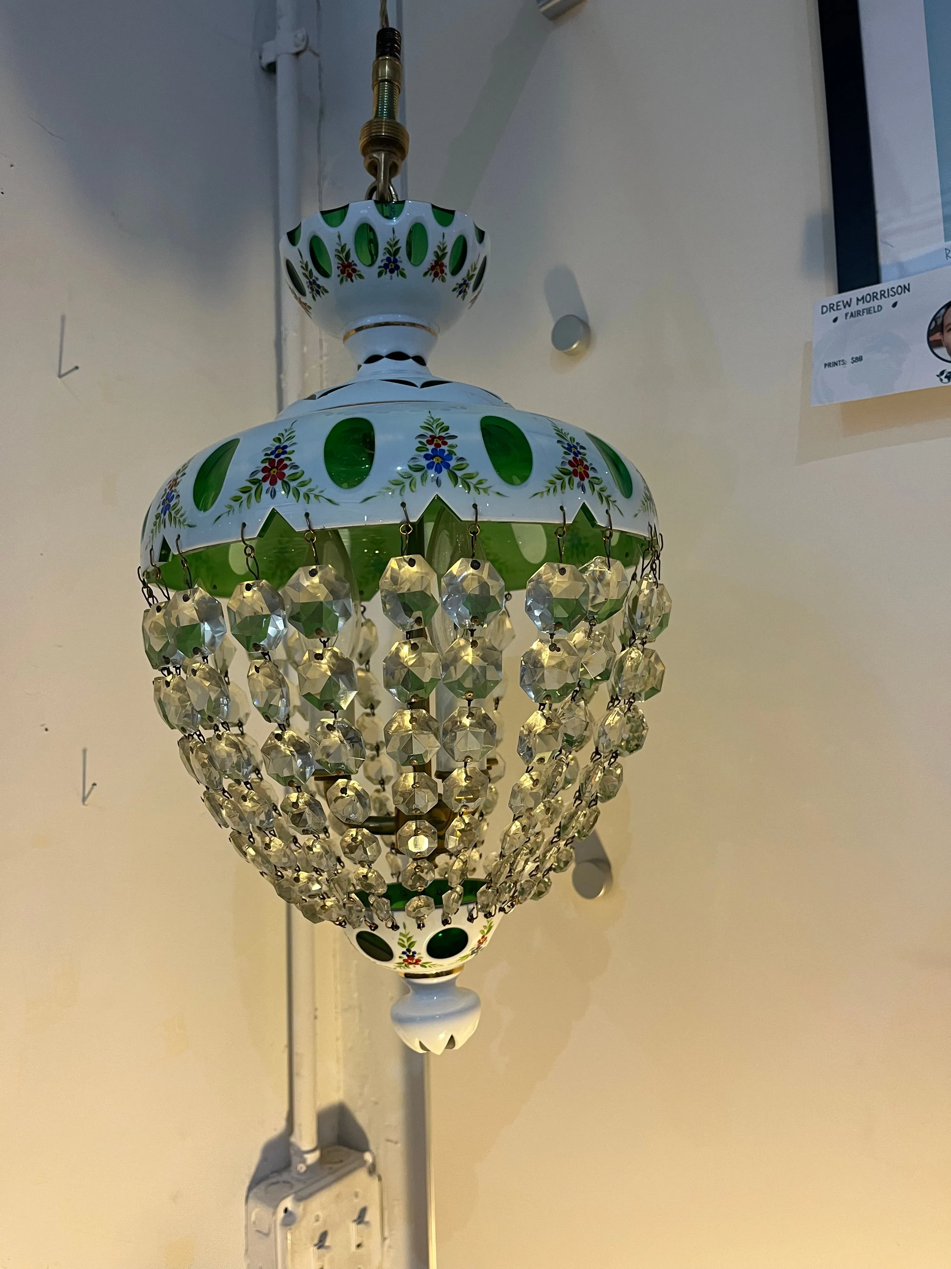 Vintage Moser White Hand Painted “Cut to Green” Glass Chandelier Original Crystals