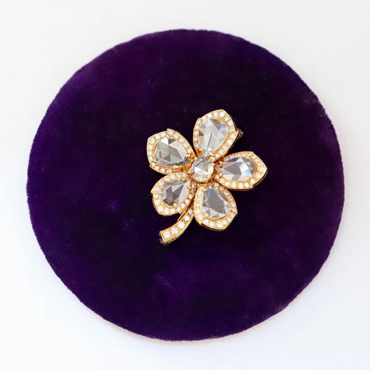 Vintage Rose Cut Diamond Flower Cluster Brooch, 18k