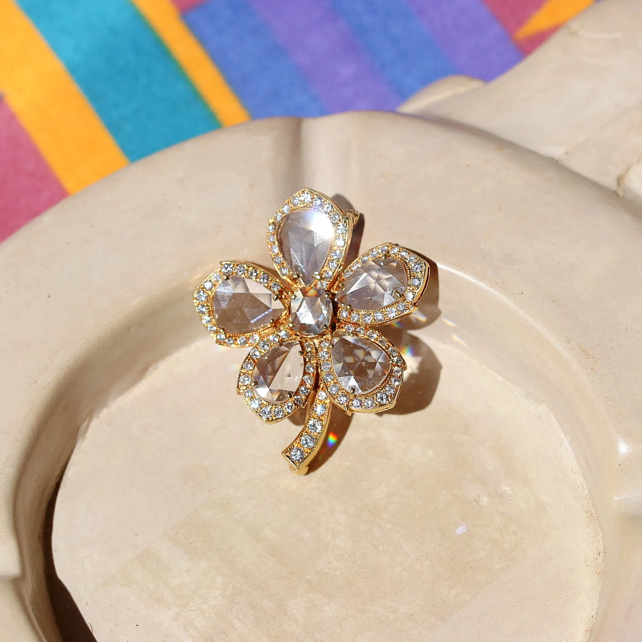 Vintage Rose Cut Diamond Flower Cluster Brooch, 18k