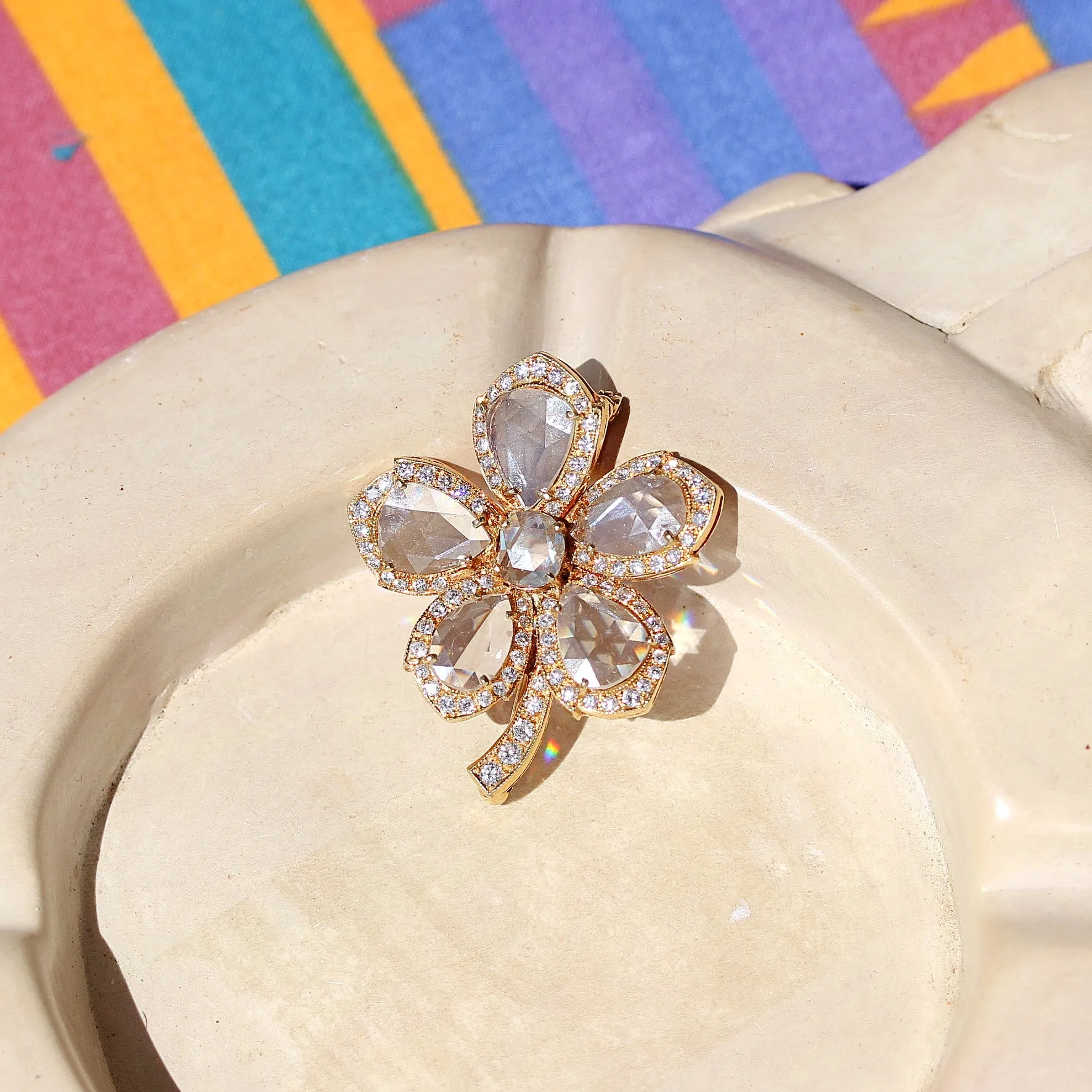 Vintage Rose Cut Diamond Flower Cluster Brooch, 18k