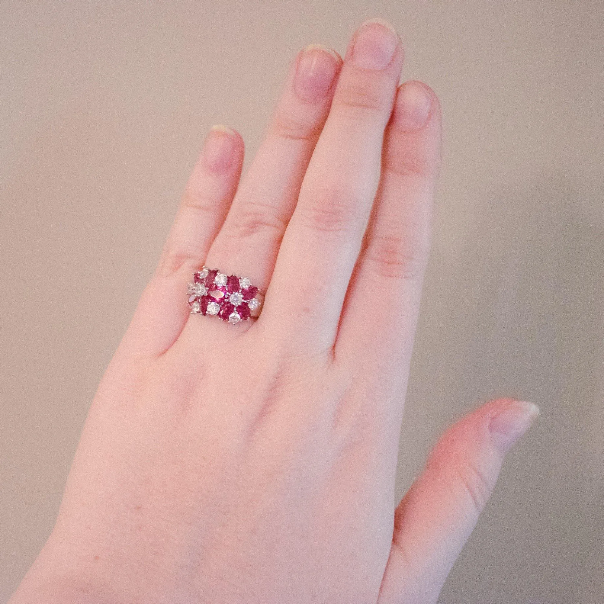 Vintage Ruby and CZ Wide Band Flower Ring