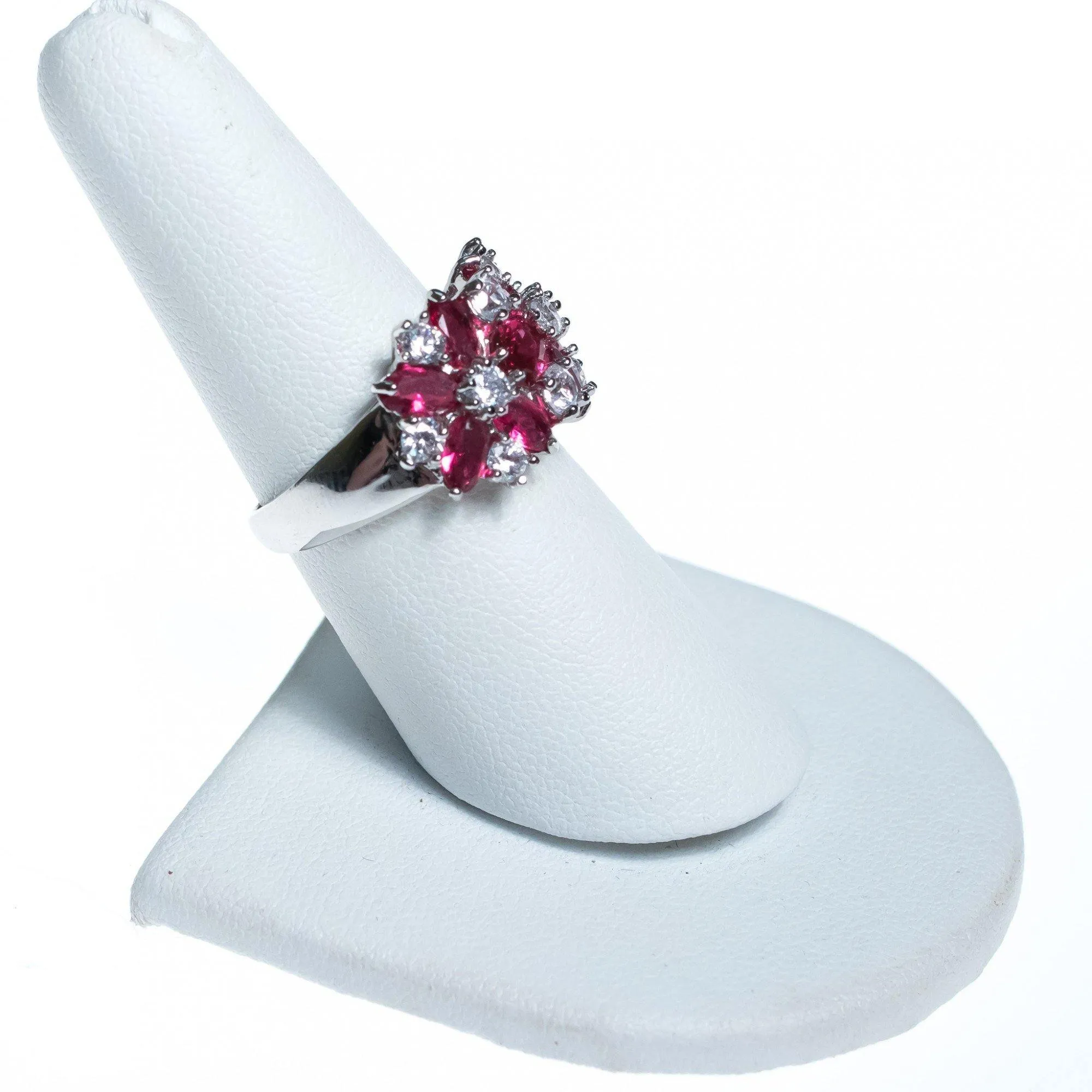 Vintage Ruby and CZ Wide Band Flower Ring