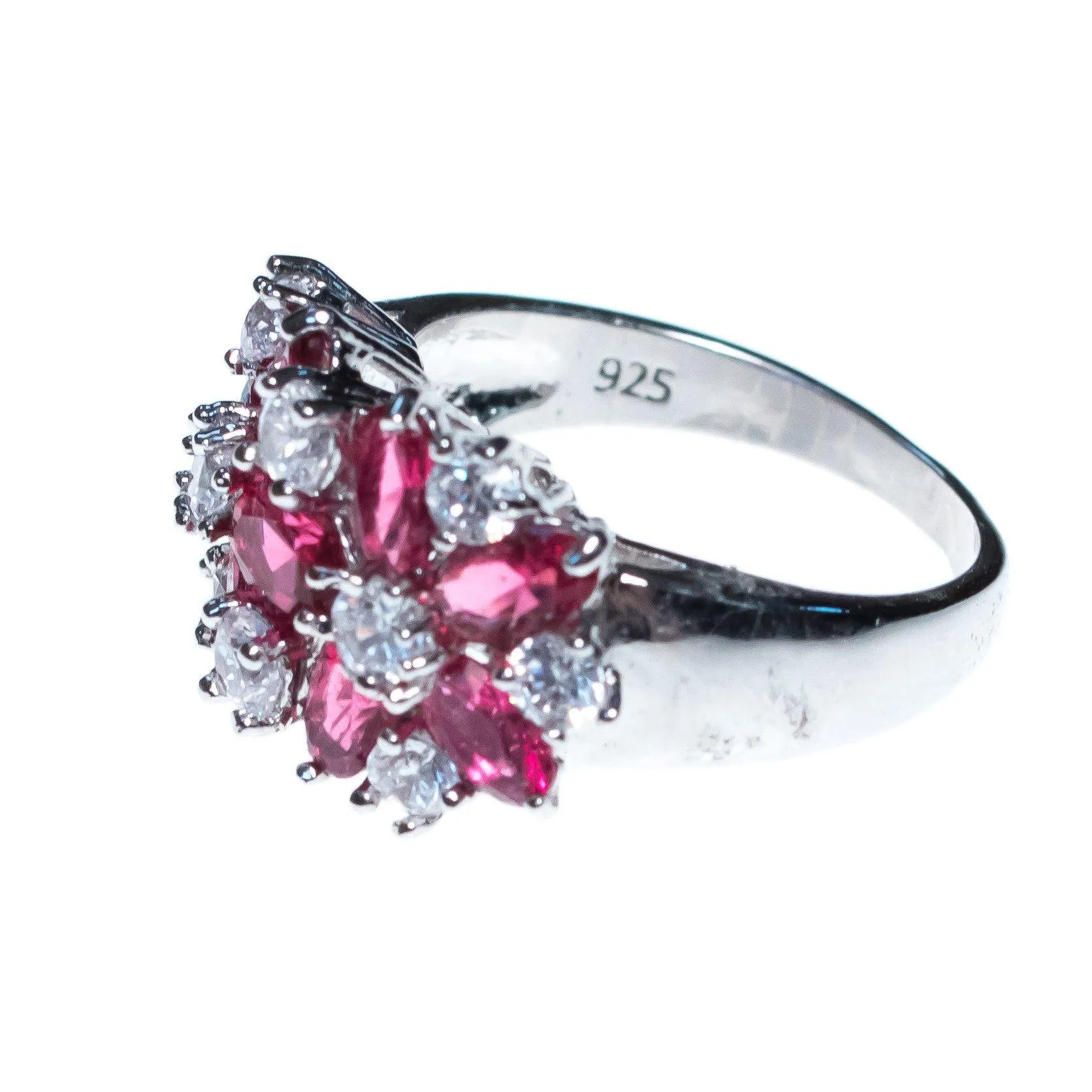 Vintage Ruby and CZ Wide Band Flower Ring