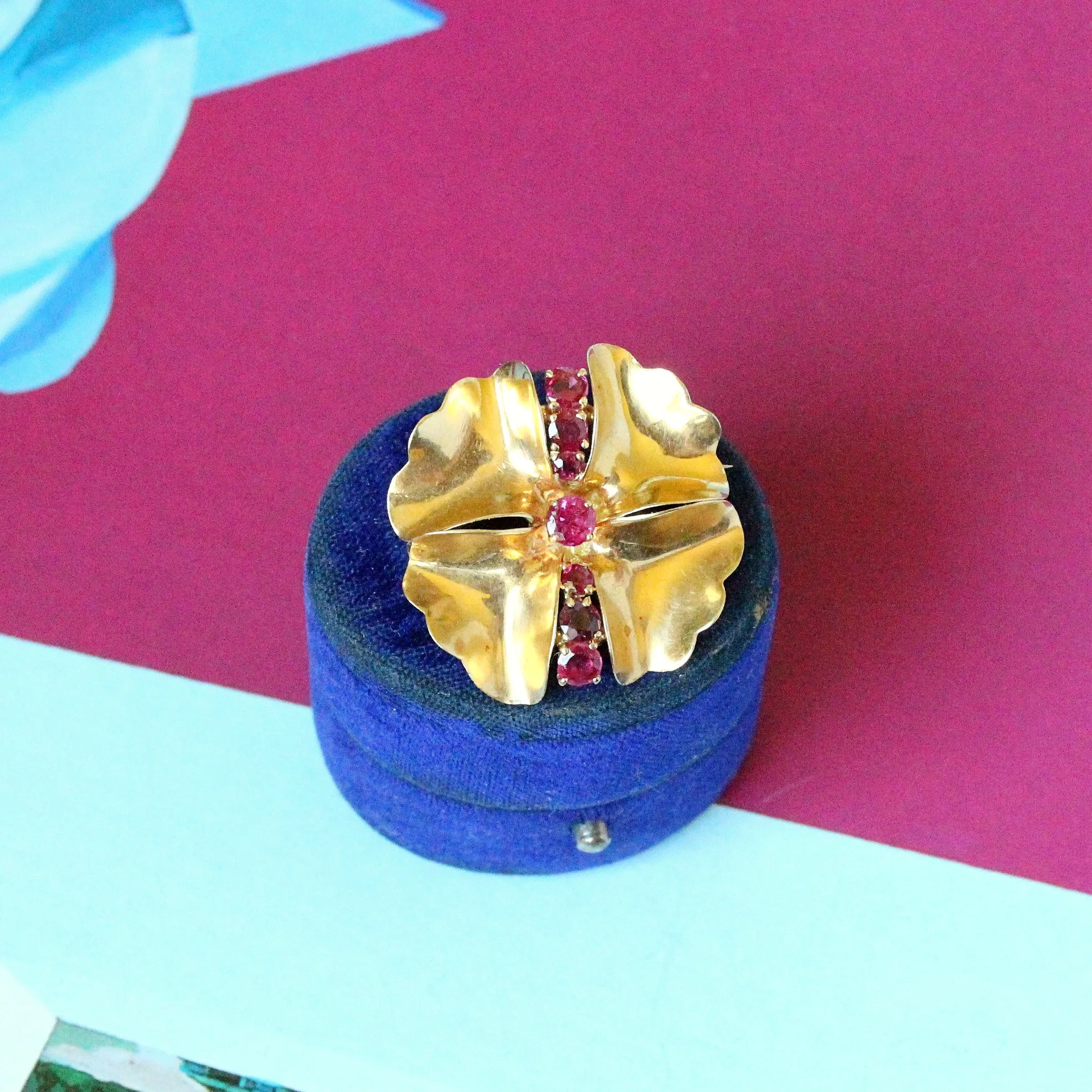 Vintage Ruby Flower Pin, 14k