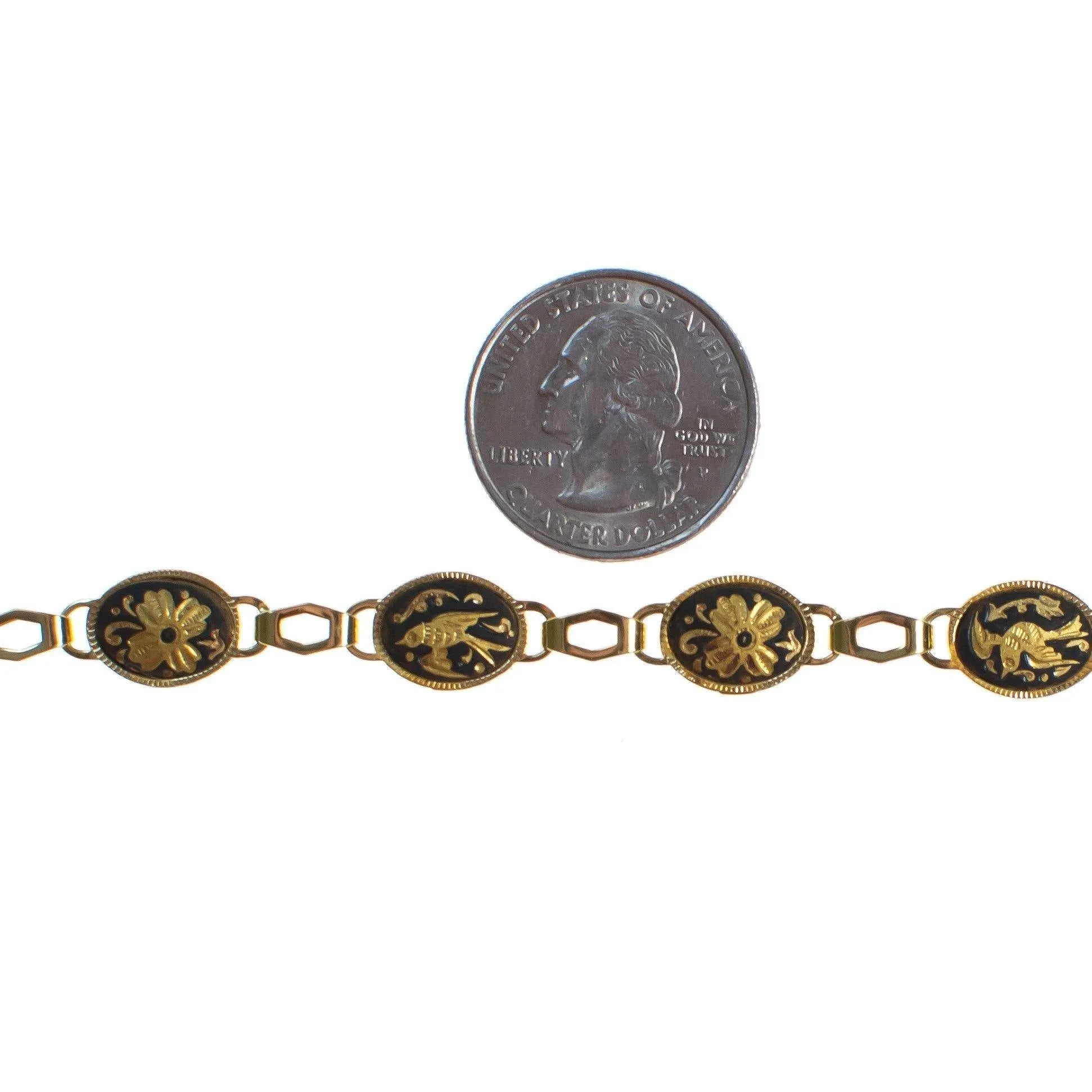Vintage Spanish Damascene Bracelet Black with Gold Bird Design