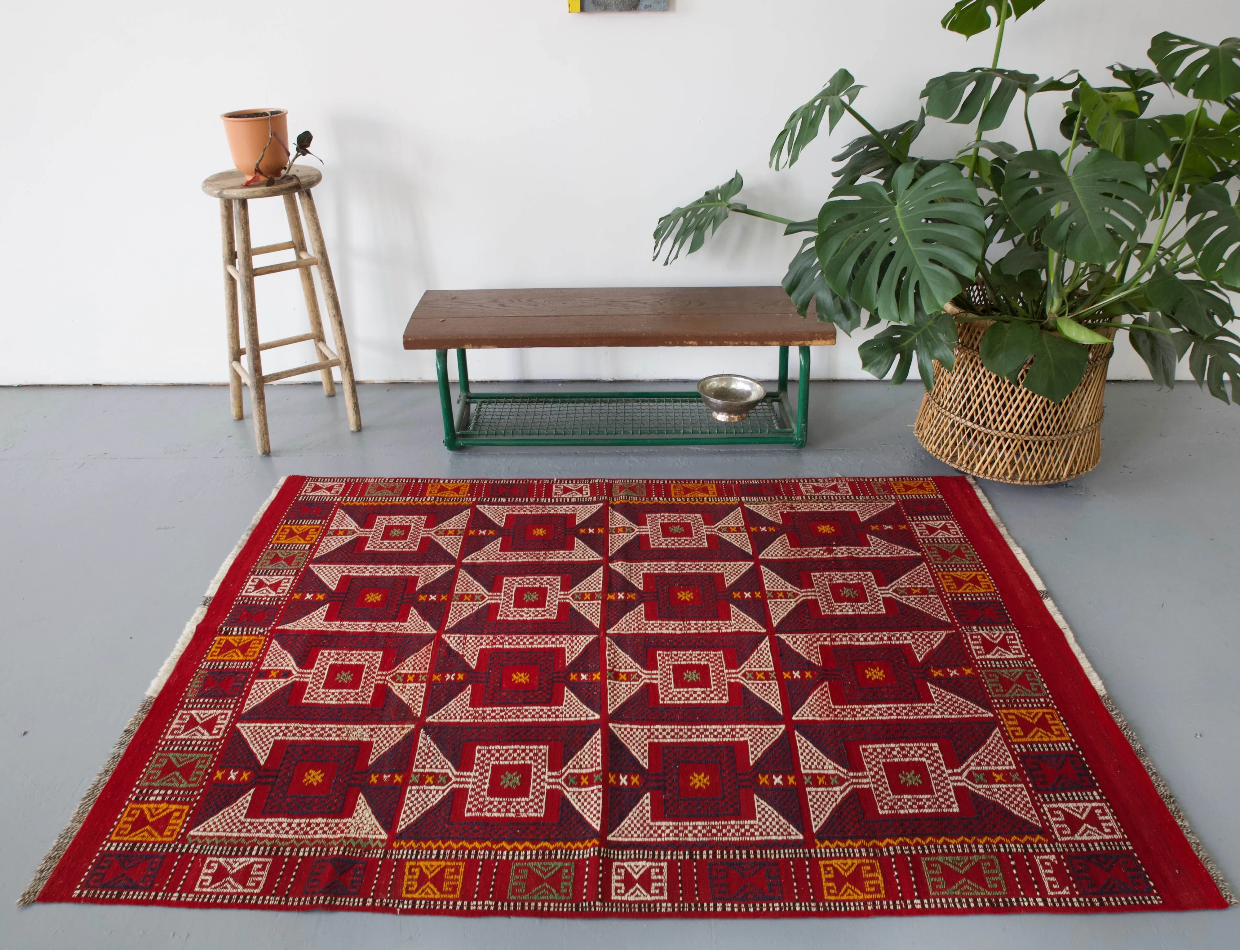Vintage Turkish Kozak Cicim Kilim Rug 4'7"x6'5"