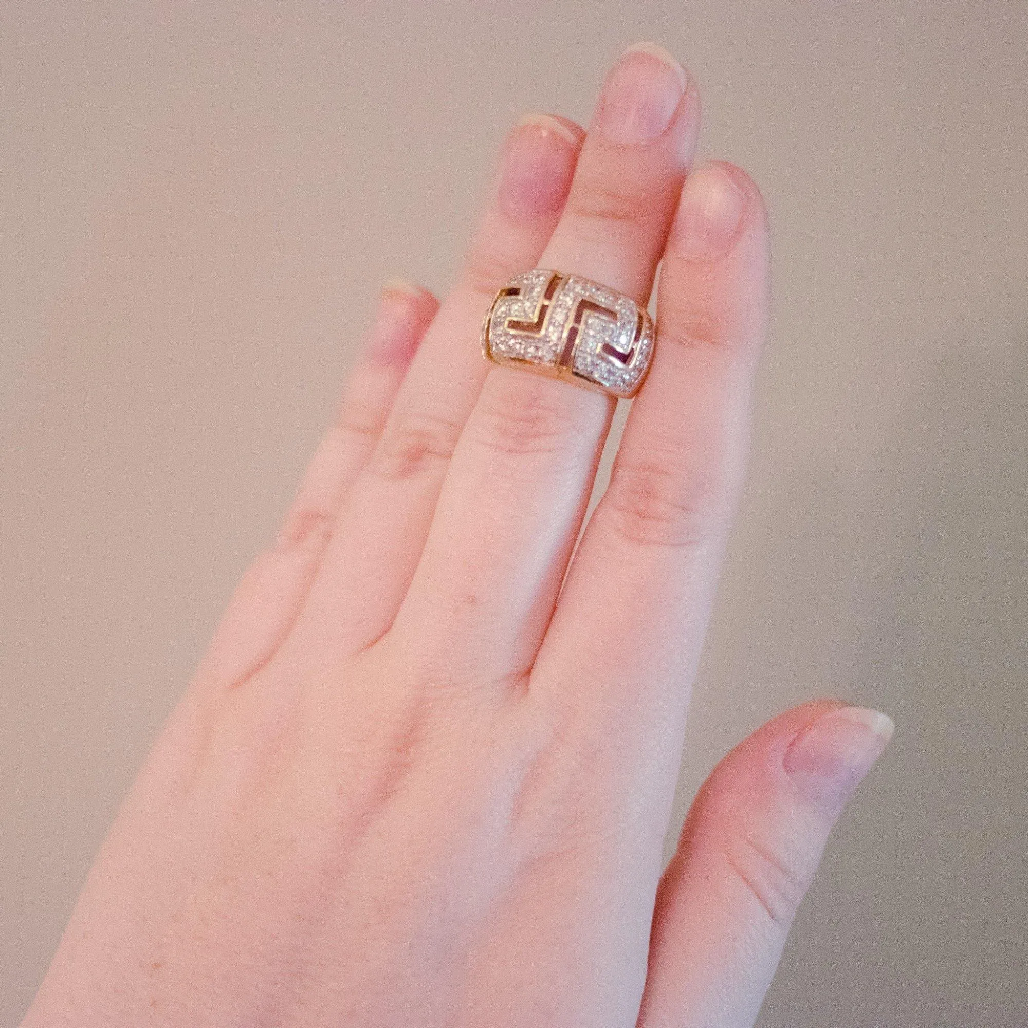 Vintage Wide Band Geometric CZ Ring set in 18kt Gold Plate and Sterling Silver
