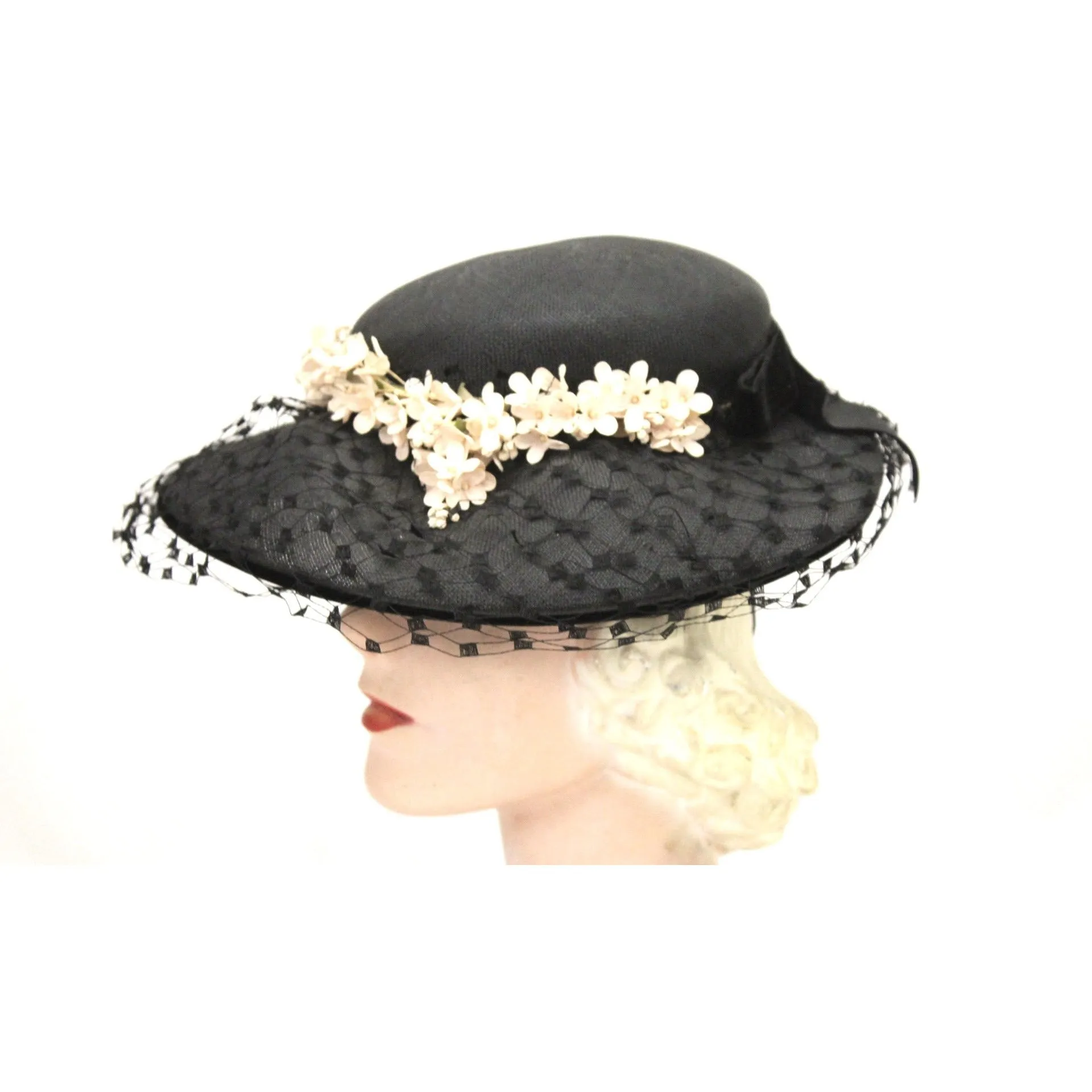 Vintage Wide Brim Black Straw Hat 1950s Church Saucer Hat Pink Flowers Veil Maisel