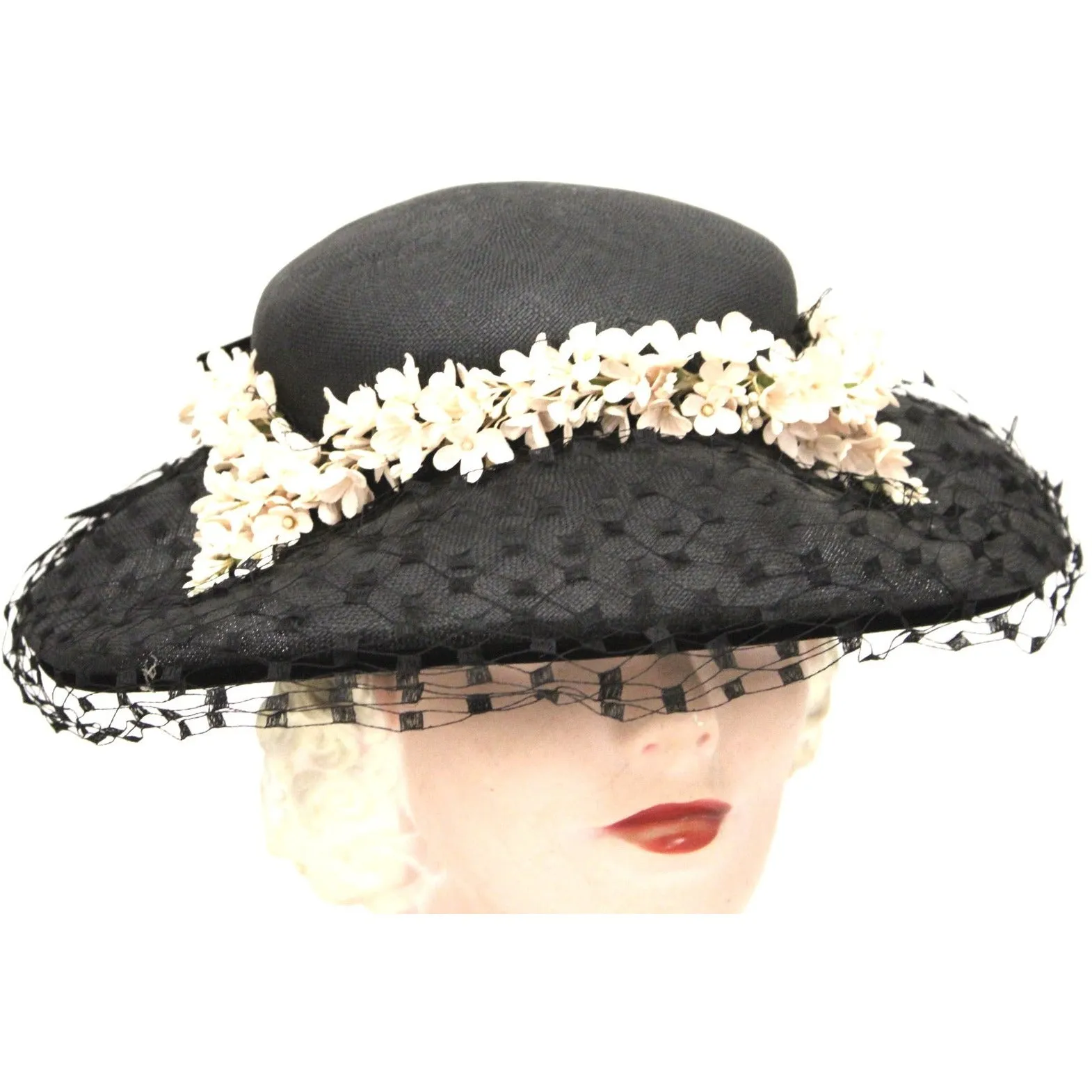 Vintage Wide Brim Black Straw Hat 1950s Church Saucer Hat Pink Flowers Veil Maisel