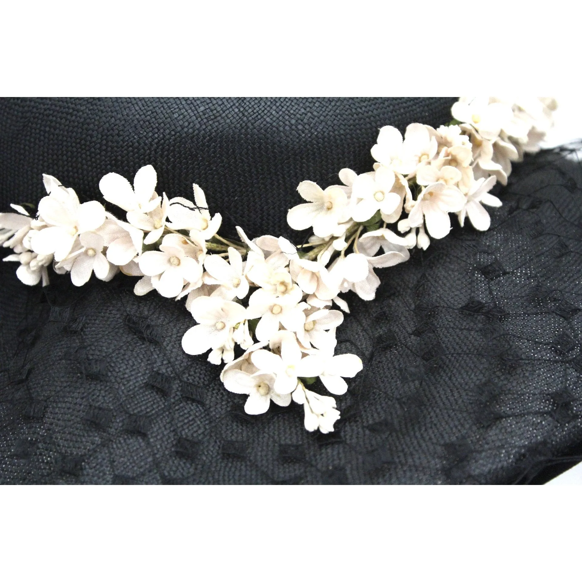 Vintage Wide Brim Black Straw Hat 1950s Church Saucer Hat Pink Flowers Veil Maisel