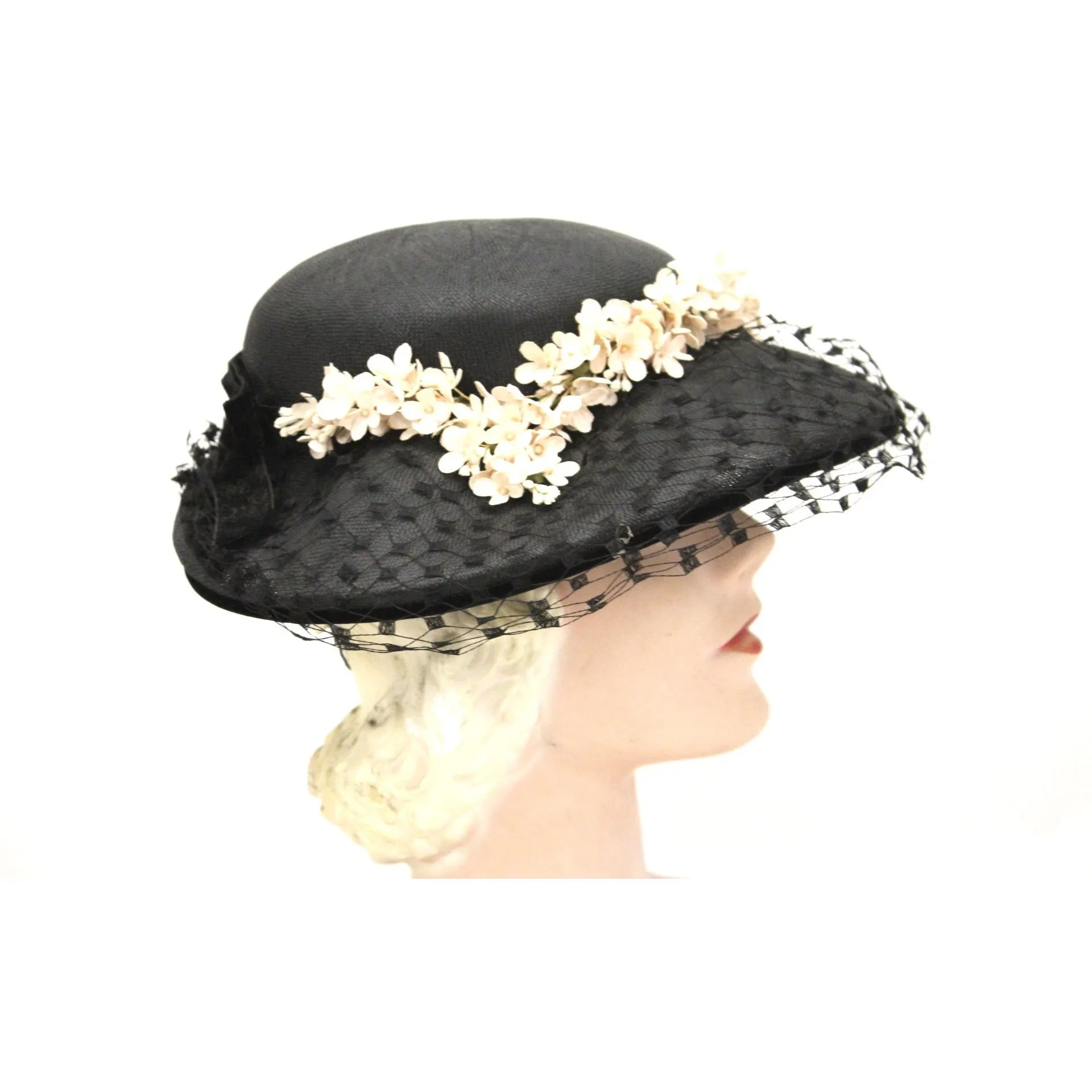 Vintage Wide Brim Black Straw Hat 1950s Church Saucer Hat Pink Flowers Veil Maisel