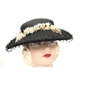 Vintage Wide Brim Black Straw Hat 1950s Church Saucer Hat Pink Flowers Veil Maisel