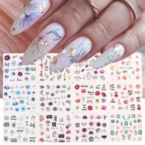 Watercolor Flowers Charms Nail Stickers Decals Spring Nail Decorations Blue Floral Leaf Nail Stickers Summer Water Sliders for Nails DIY Manicure Tattoo
