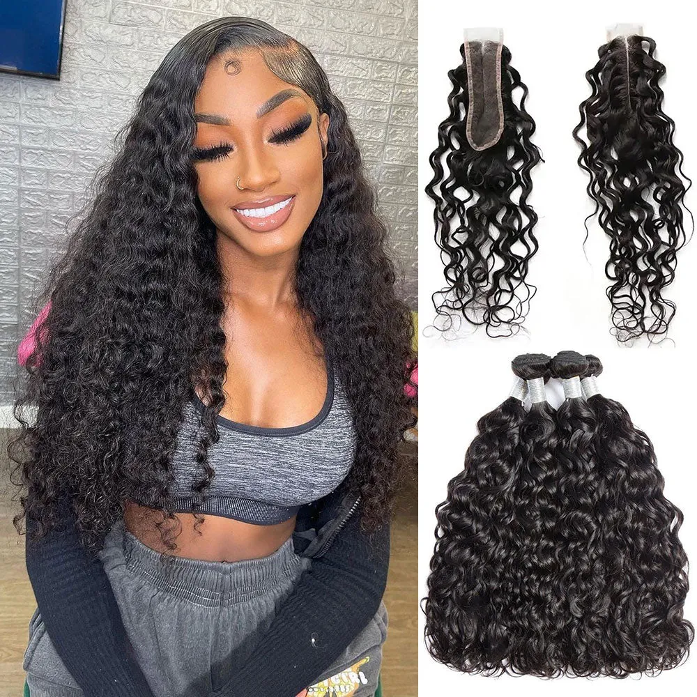 Wet& Wavy 4 Bundles With 2x6 Lace Closure 100% Unprocessed Virgin Human Hair