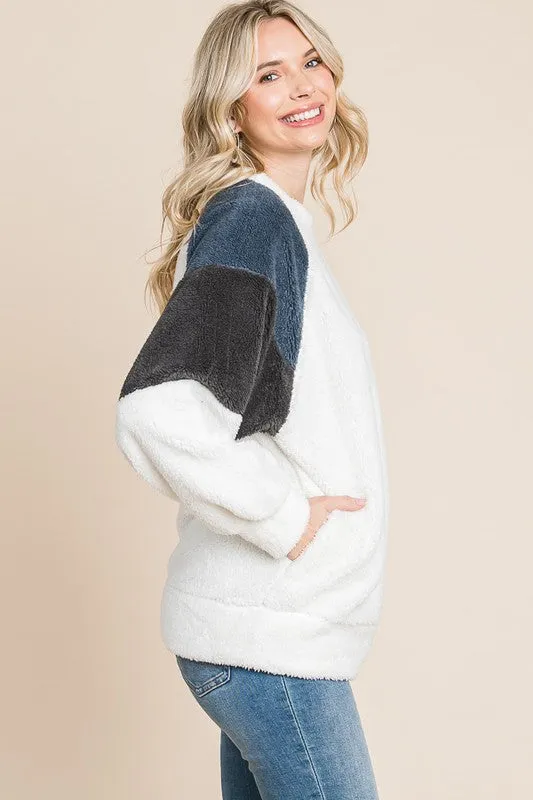 White Color Block Faux Fur Raglan Sleeve Sweatshirt