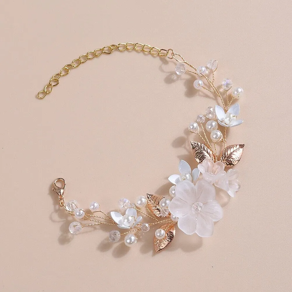 White Flower Bridal Bracelet, Floral Pearl Wire Wedding Bracelet, Bridal Shower Flower Petal Bracelet