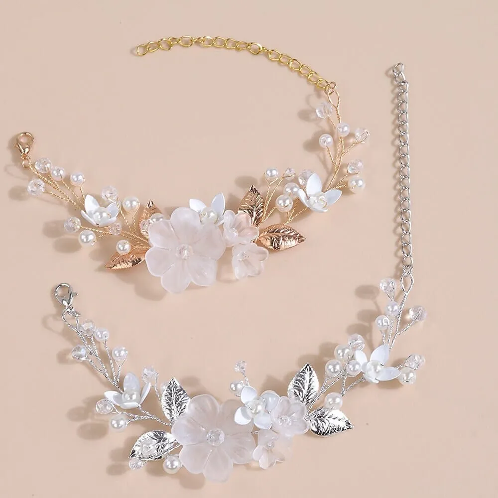 White Flower Bridal Bracelet, Floral Pearl Wire Wedding Bracelet, Bridal Shower Flower Petal Bracelet