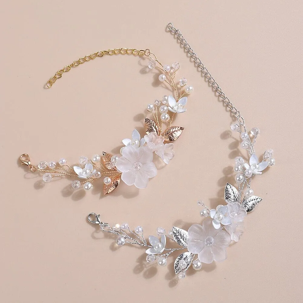 White Flower Bridal Bracelet, Floral Pearl Wire Wedding Bracelet, Bridal Shower Flower Petal Bracelet
