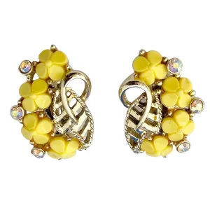 Yellow Daisy and Aurora Borealis Rhinestone Statement Earrings