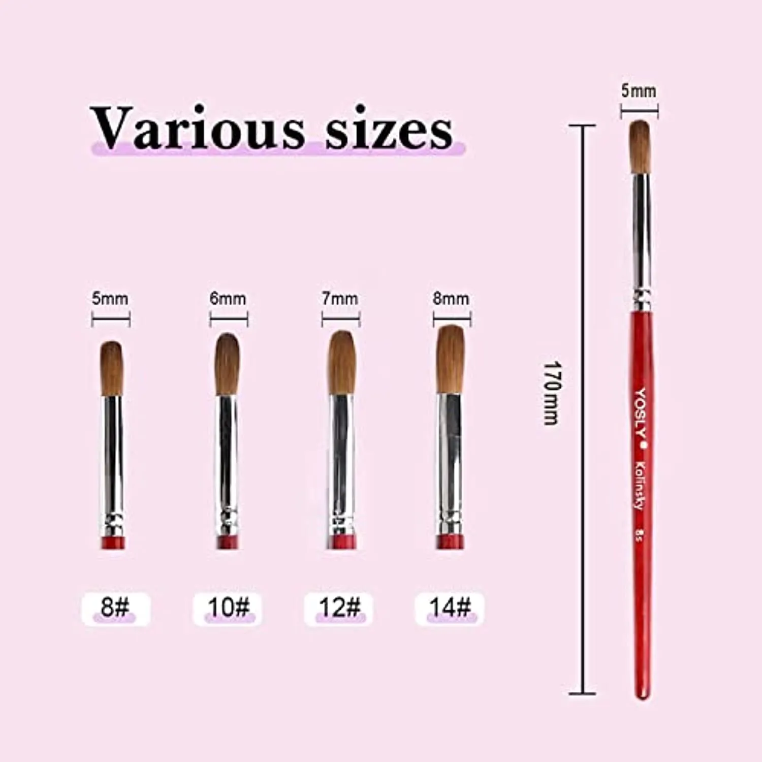 Yosly Acrylic Nail Brush and Cuticle Pusher, 100% Kolinsky Nail Art Brush for Acrylic False Nail, Red-Wood Pen, Non-Forked and Non-Clumping Nib, For French Nail. (8#) (8#)