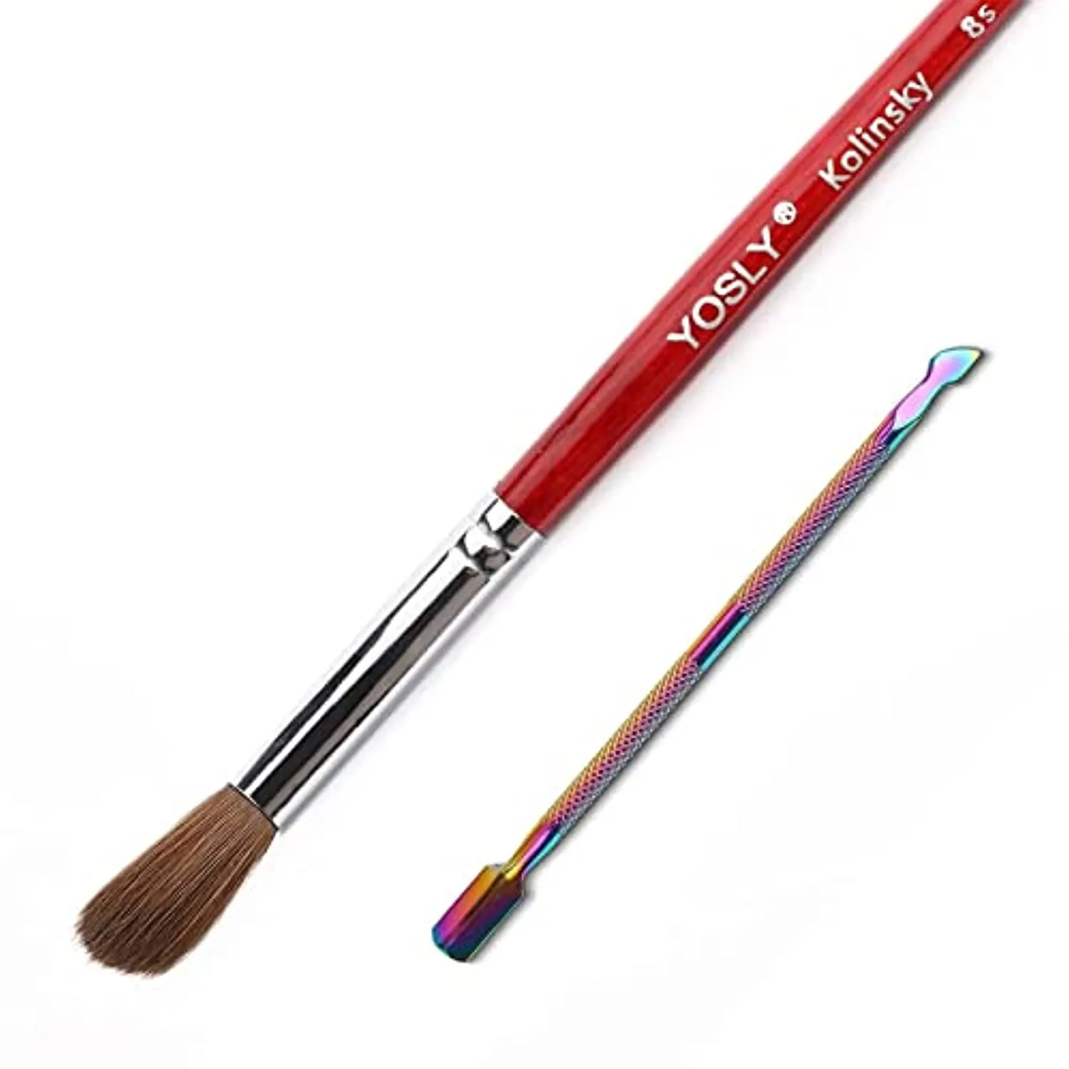 Yosly Acrylic Nail Brush and Cuticle Pusher, 100% Kolinsky Nail Art Brush for Acrylic False Nail, Red-Wood Pen, Non-Forked and Non-Clumping Nib, For French Nail. (8#) (8#)