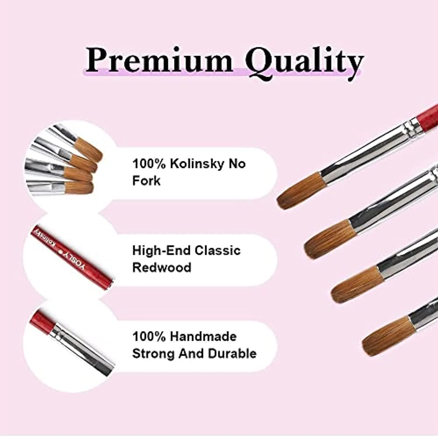 Yosly Acrylic Nail Brush and Cuticle Pusher, 100% Kolinsky Nail Art Brush for Acrylic False Nail, Red-Wood Pen, Non-Forked and Non-Clumping Nib, For French Nail. (8#) (8#)