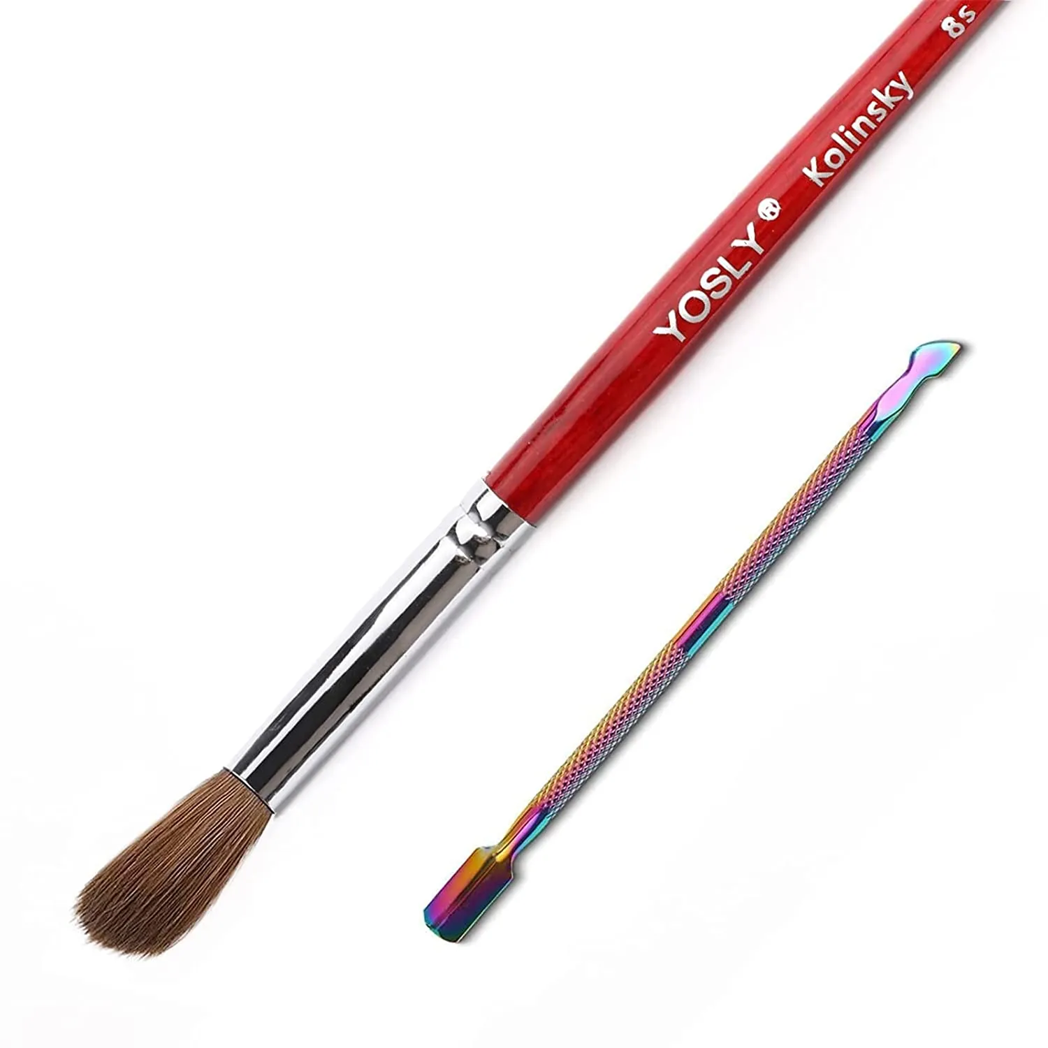 Yosly Acrylic Nail Brush and Cuticle Pusher, 100% Kolinsky Nail Art Brush for Acrylic False Nail, Red-Wood Pen, Non-Forked and Non-Clumping Nib, For French Nail. (8#) (8#)